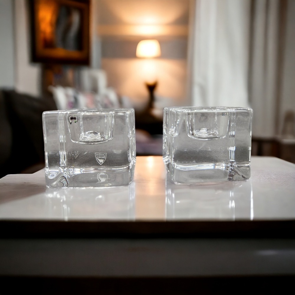ORREFORS Set 2 Candle Holders crystal glass Cube tea light votive SWEDEN A-15